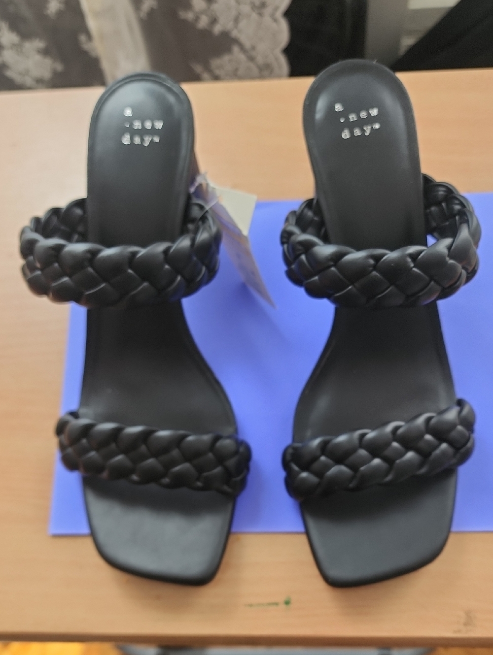 a new day Black Braided Double-Strap Square-Toe Slide Heels